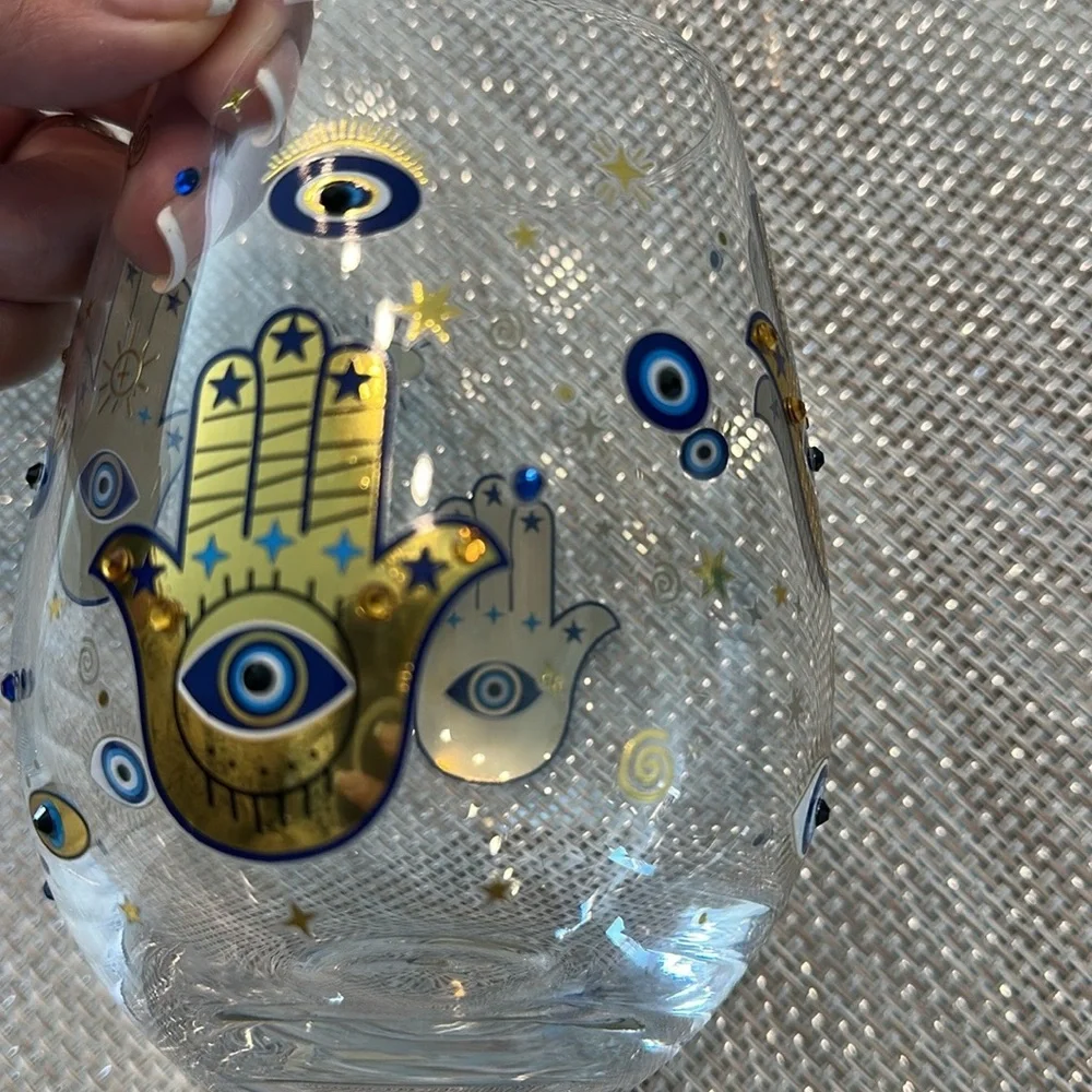 LOVE + LIGHT Wine Glasses Set Of 2 Hamsa Stemless Hamsa Evil Eye Stemless